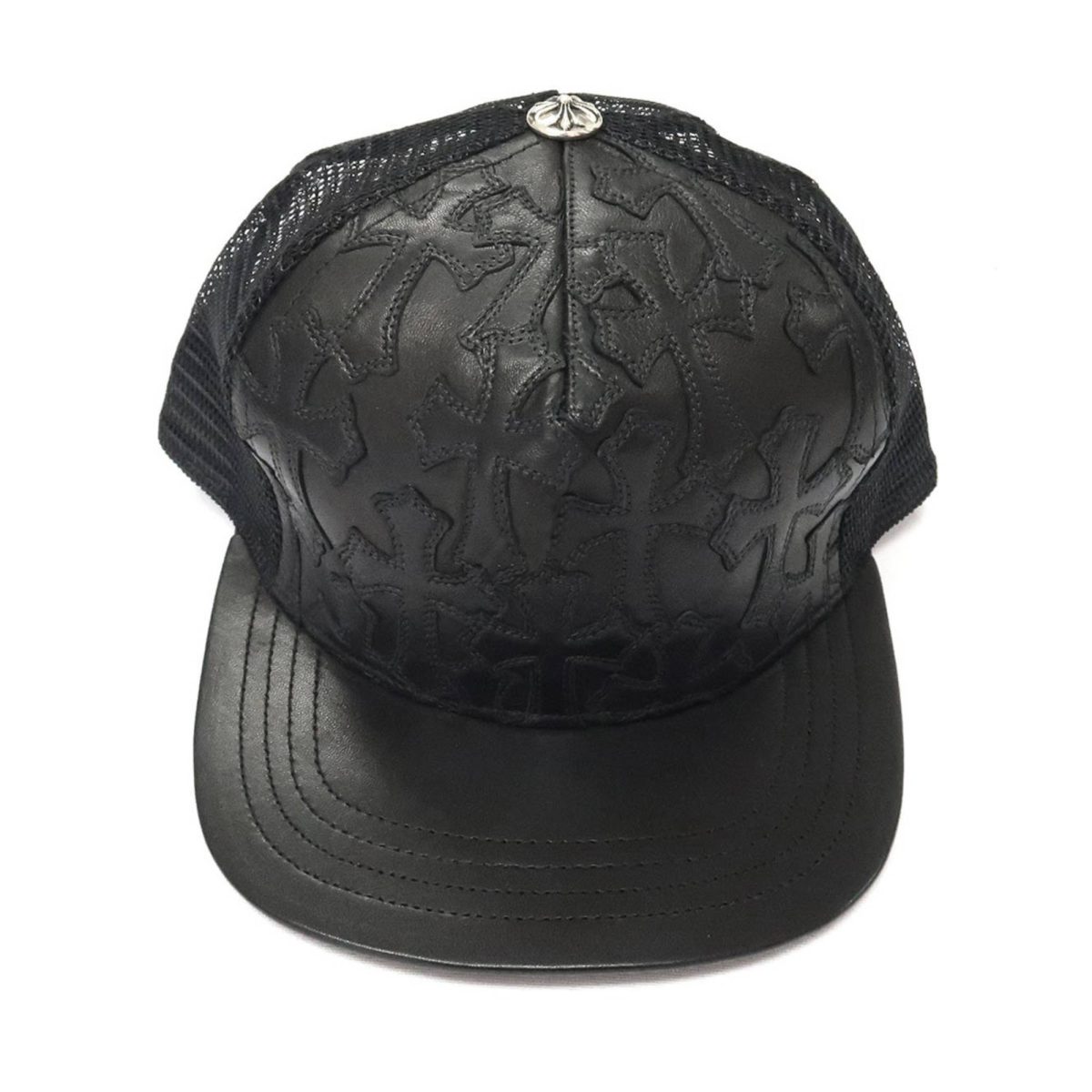 Chrome-Hearts-Cemetary-Cross-Leather-Stitched-Trucker-Hat-Black-Front