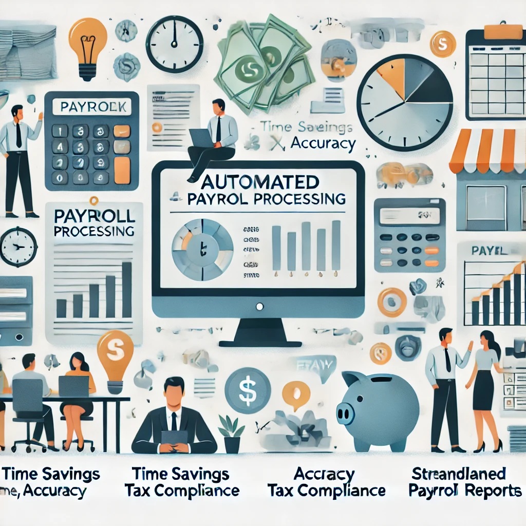 DALL·E 2024 11 12 10.39.46 An illustration showing the top benefits of automated payroll processing for small businesses. Depict a small business setting with a diverse team, hi