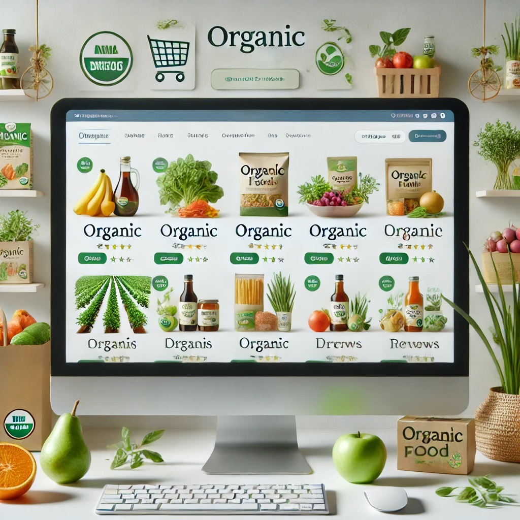 DALL·E 2024 11 11 11.00.59 An online shopping interface displaying a variety of organic food products available for purchase in India. The screen shows organic fruits, vegetable