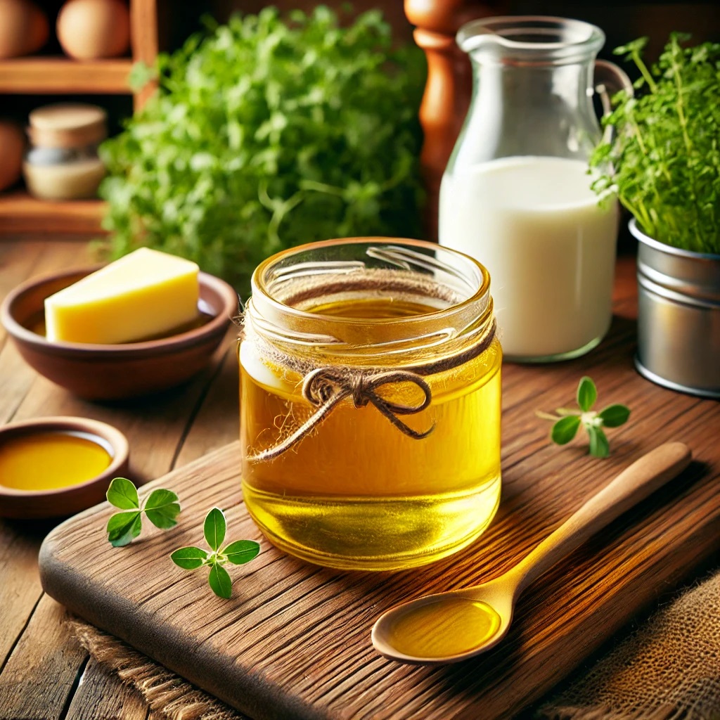 DALL·E 2024 11 12 12.42.55 A close up of a jar of pure organic cow ghee placed on a wooden kitchen countertop. The ghee is golden, smooth, and rich in texture, with a small spoo