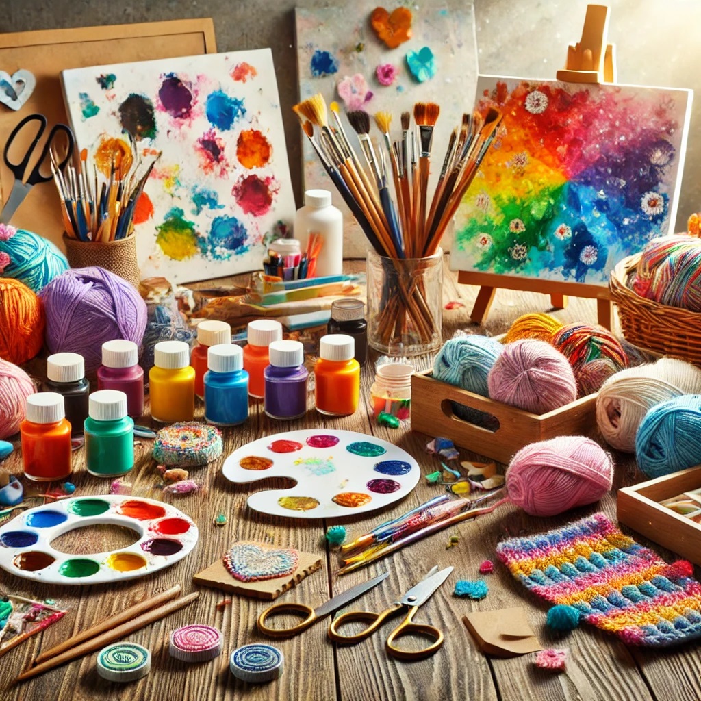 DALL·E 2024-12-24 09.58.48 - A vibrant and inspiring image of an arts and crafts workspace. The scene includes various supplies like colorful paints, brushes, scissors, yarn, pape