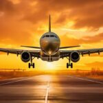 ai-generated-landing-a-plane-against-a-golden-sky-at-sunset-passenger-aircraft-flying-up-in-sunset-light-travelling-and-business-concept-photo