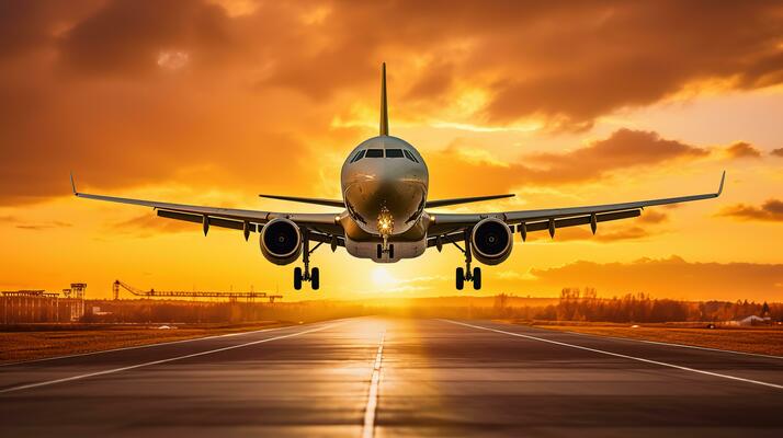 ai-generated-landing-a-plane-against-a-golden-sky-at-sunset-passenger-aircraft-flying-up-in-sunset-light-travelling-and-business-concept-photo