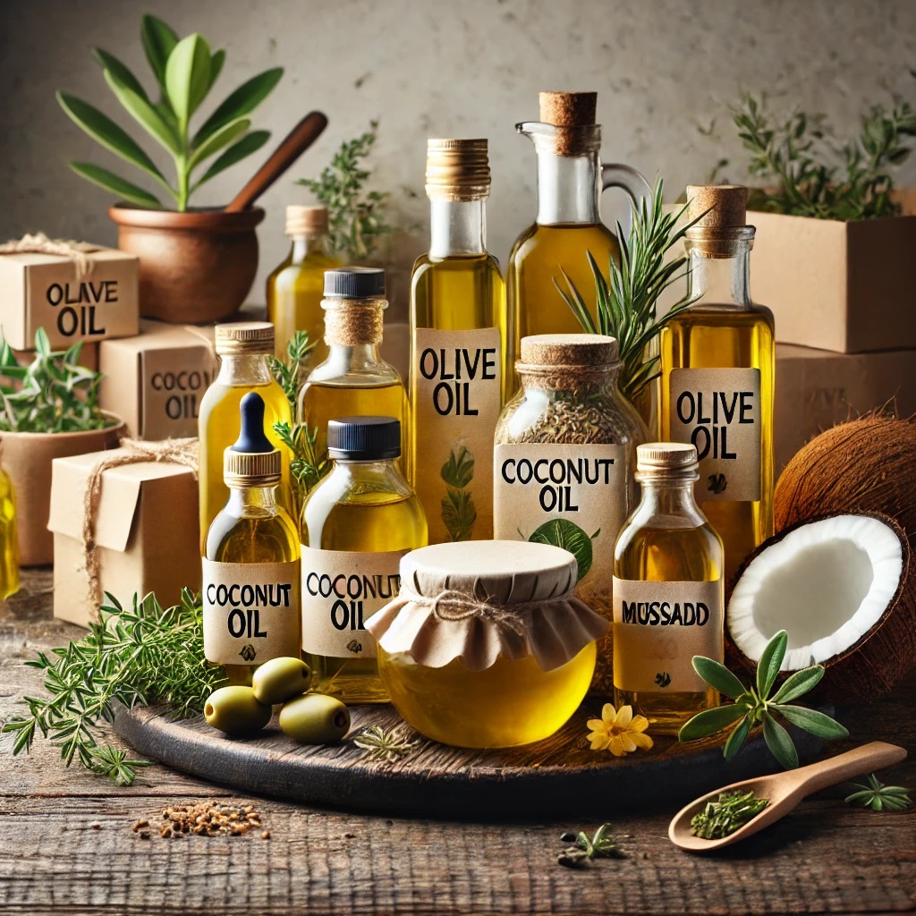 DALL·E 2024 12 09 11.53.00 A visually appealing arrangement of organic oil bottles placed on a rustic wooden table, featuring a variety of oils such as olive oil, coconut oil, a