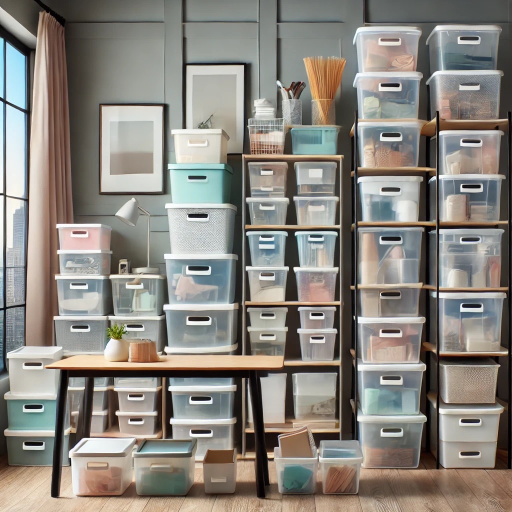 DALL·E 2024 12 07 15.10.59 A well organized storage setup featuring a variety of plastic storage bins and boxes in a modern home setting. The bins are in different sizes, shapes