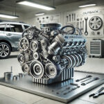 DALL·E 2025-01-09 18.42.27 - A detailed illustration of a Subaru Outback engine displayed prominently in a clean and modern garage environment. The engine is shown in full detail