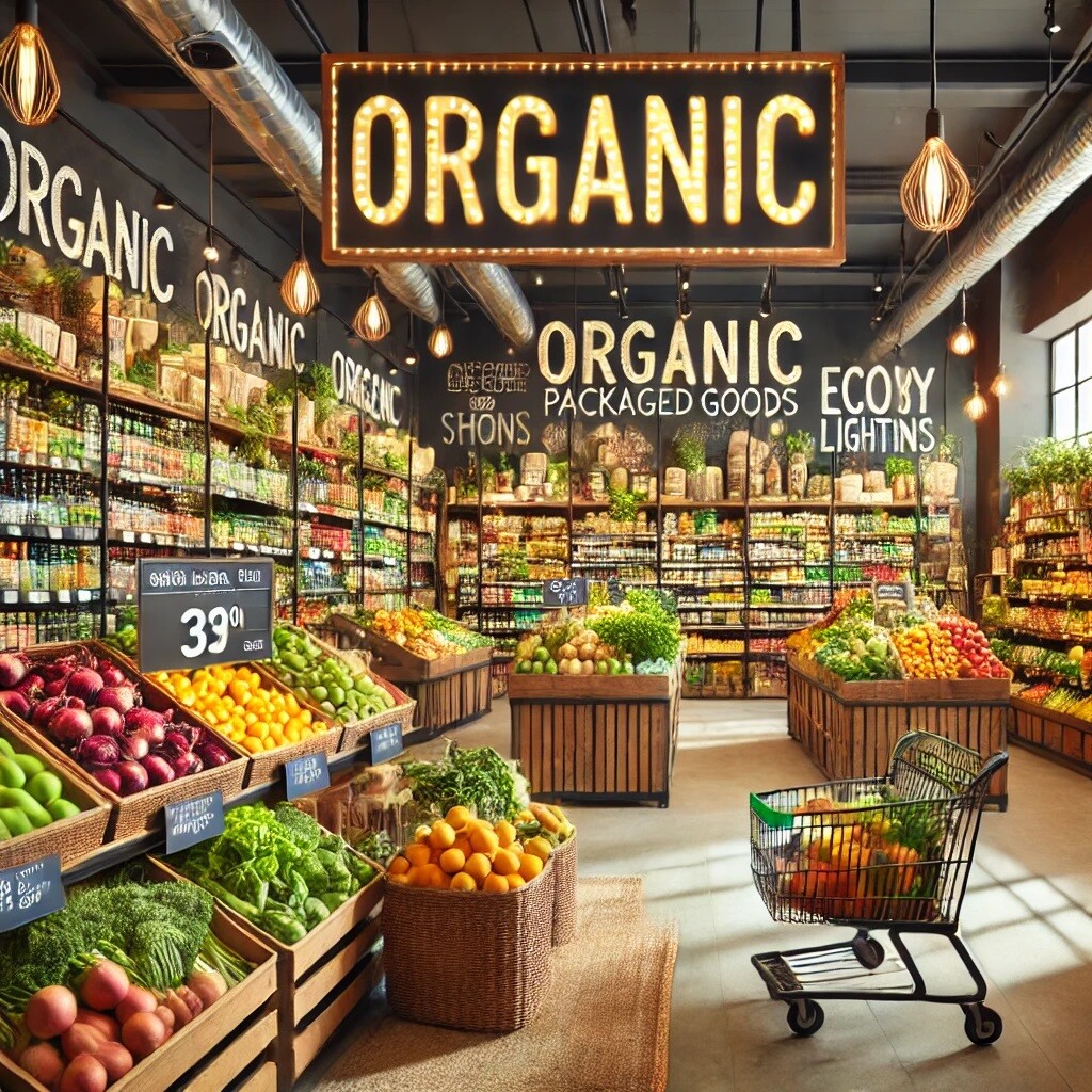 DALL·E 2025-01-17 10.32.38 - A vibrant organic grocery store interior filled with fresh produce such as fruits and vegetables, neatly arranged shelves of organic packaged goods, e