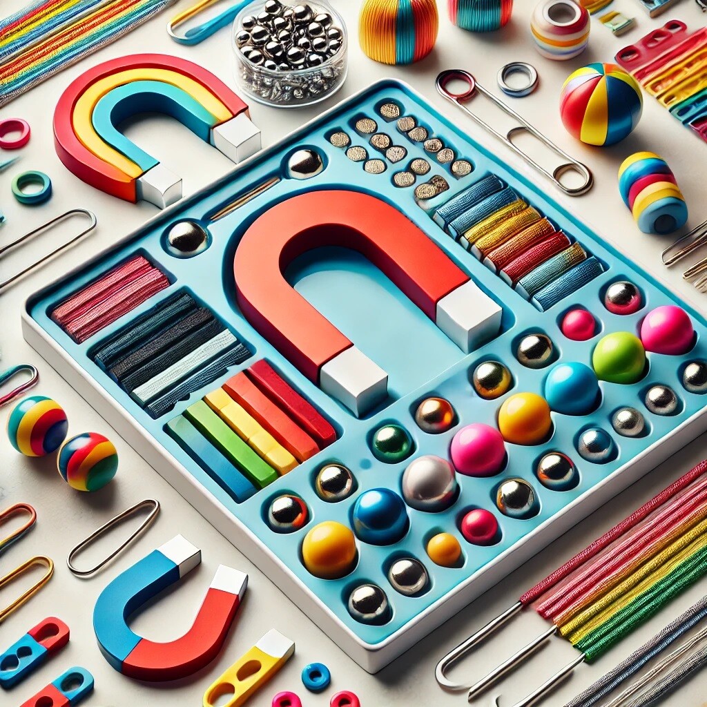 DALL·E 2025-01-02 12.15.02 - A vibrant image of a magnet kit including bar magnets, horseshoe magnets, magnetic balls, and colorful accessories for experiments, arranged neatly on