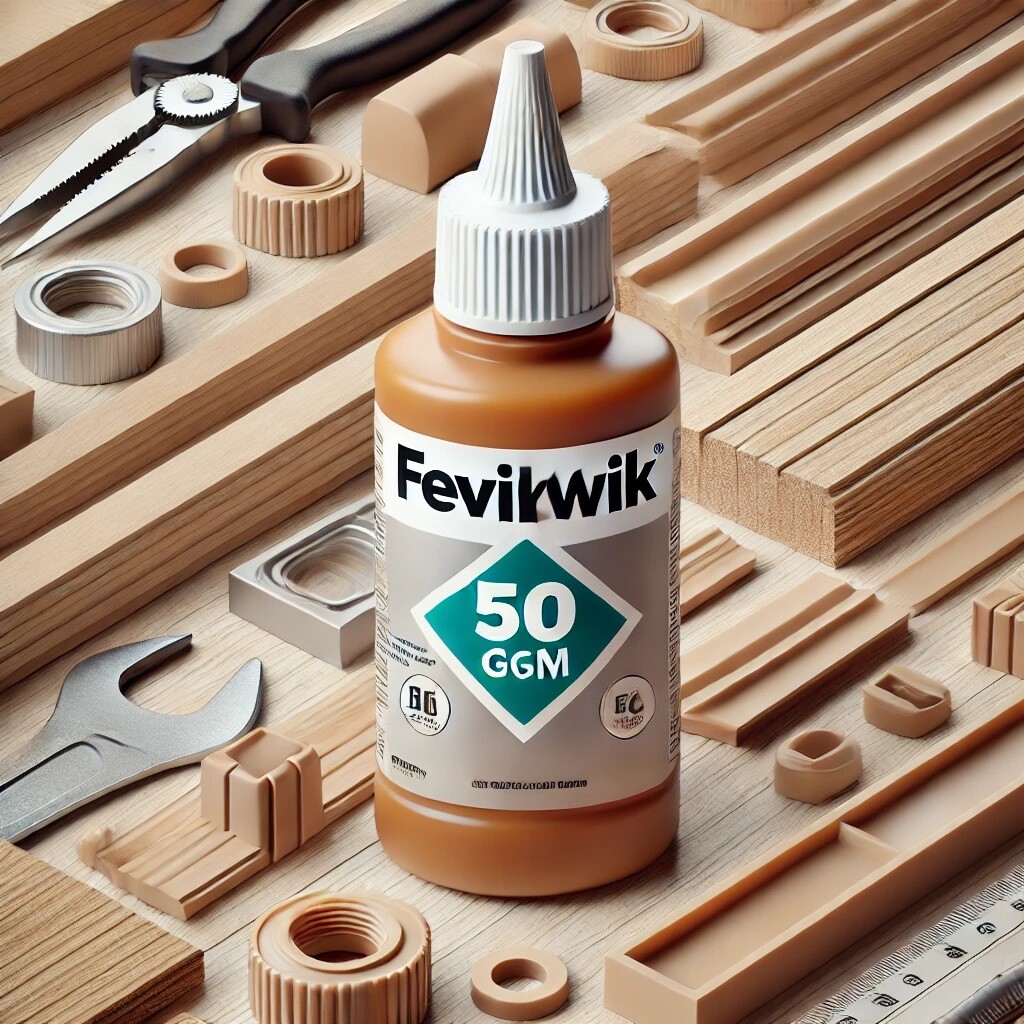 DALL·E 2025-01-08 13.21.12 - A close-up image of Fevikwik 50 gm packaging with a focus on its strong adhesive properties. The bottle is prominently displayed with clear branding,