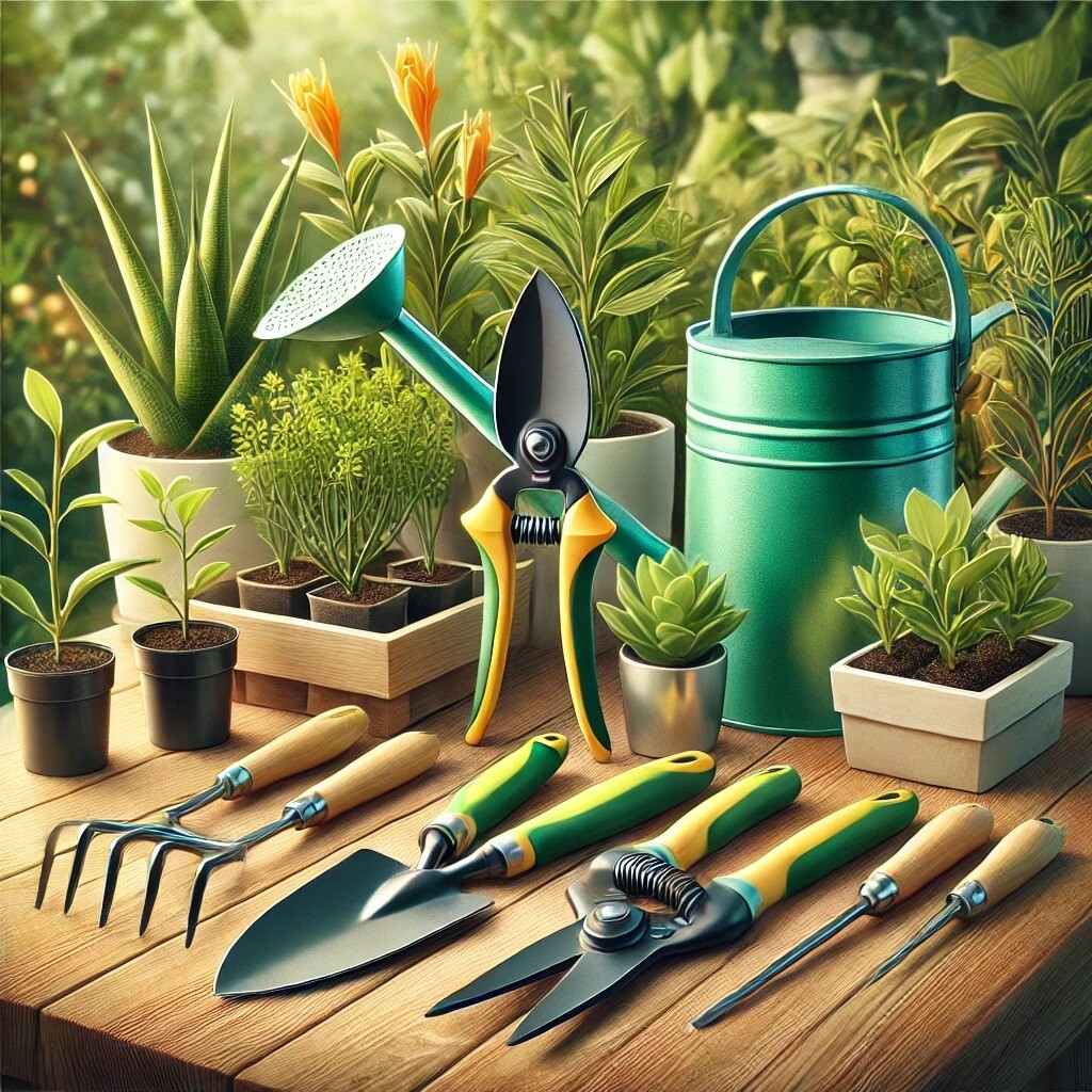 DALL·E 2025-01-14 17.56.22 - A detailed and vibrant image of a modern gardening tool set, including a trowel, pruner, hand rake, and watering can, displayed alongside small potted