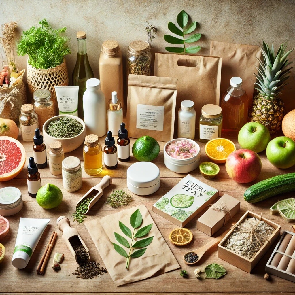 DALL·E 2025-01-02 09.38.13 - An aesthetically arranged flat-lay of organic products including fresh fruits, vegetables, herbal teas, skincare items, and eco-friendly packaging on