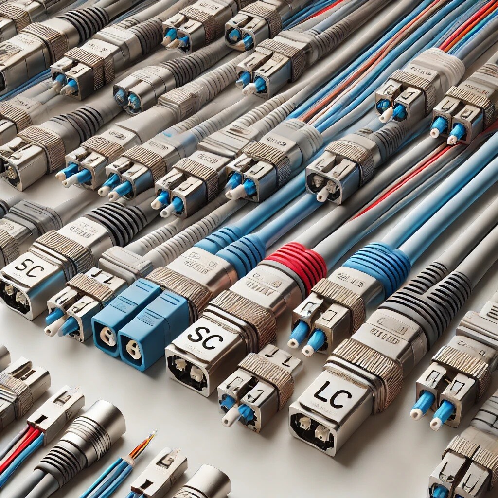 DALL·E 2025-01-10 12.05.19 - A professional image of fiber optic cable connectors arranged neatly on a clean white background. The connectors include SC, LC, and ST types with dif