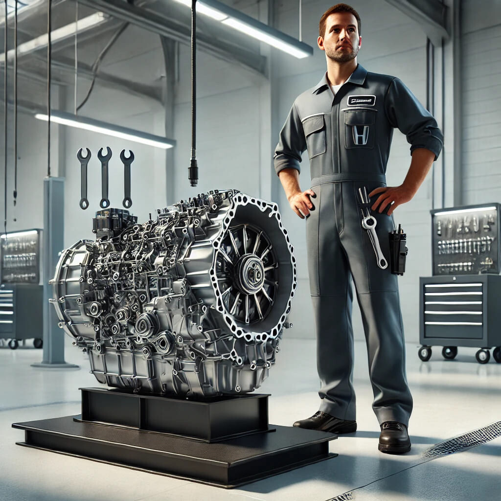 DALL·E 2025-01-06 12.53.27 - A hyper-realistic depiction of a 2023 Honda Odyssey transmission in a clean, industrial workshop setting. Next to it stands a man wearing a profession (1)