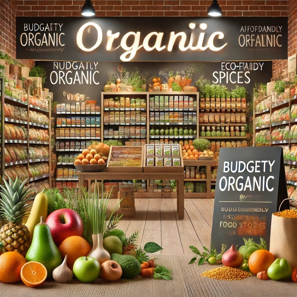 DALL·E 2025-01-16 16.40.06 - A vibrant storefront or online interface of a budget-friendly organic food store like Natureland Organics. The setting features shelves filled with fr