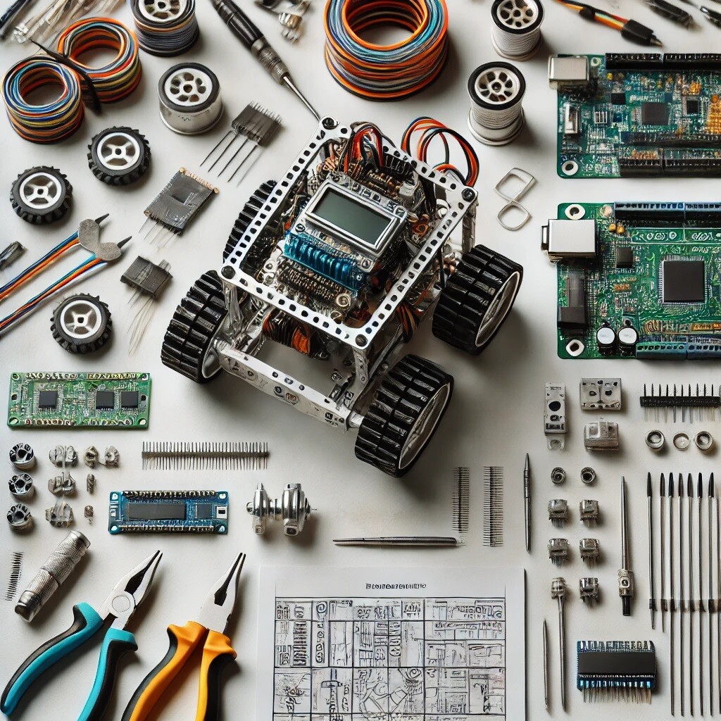 DALL·E 2025-01-20 17.43.57 - An engaging DIY robot kit for adults featuring robotic components like motors, sensors, wires, and a microcontroller board, laid out on a clean worksp