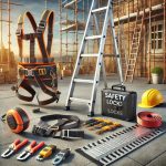 DALL·E 2025-02-07 16.20.51 - A set of ladder safety tools displayed on a worksite, including a ladder stabilizer, safety harness, anti-slip mat, extension locks, and guardrails. T