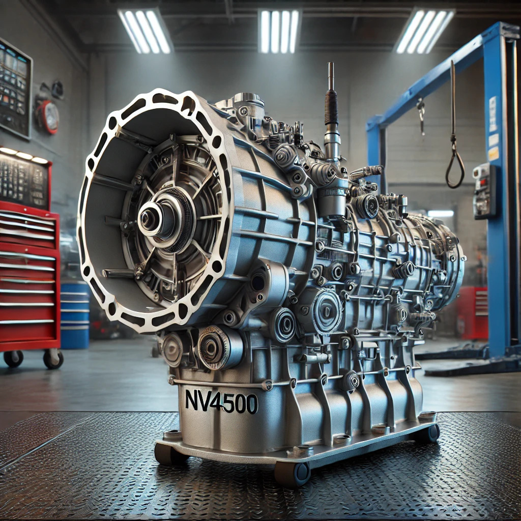 DALL·E 2025-02-18 11.58.15 - A highly detailed and realistic image of an NV4500 transmission, set against a professional automotive workshop background. The transmission is clean,