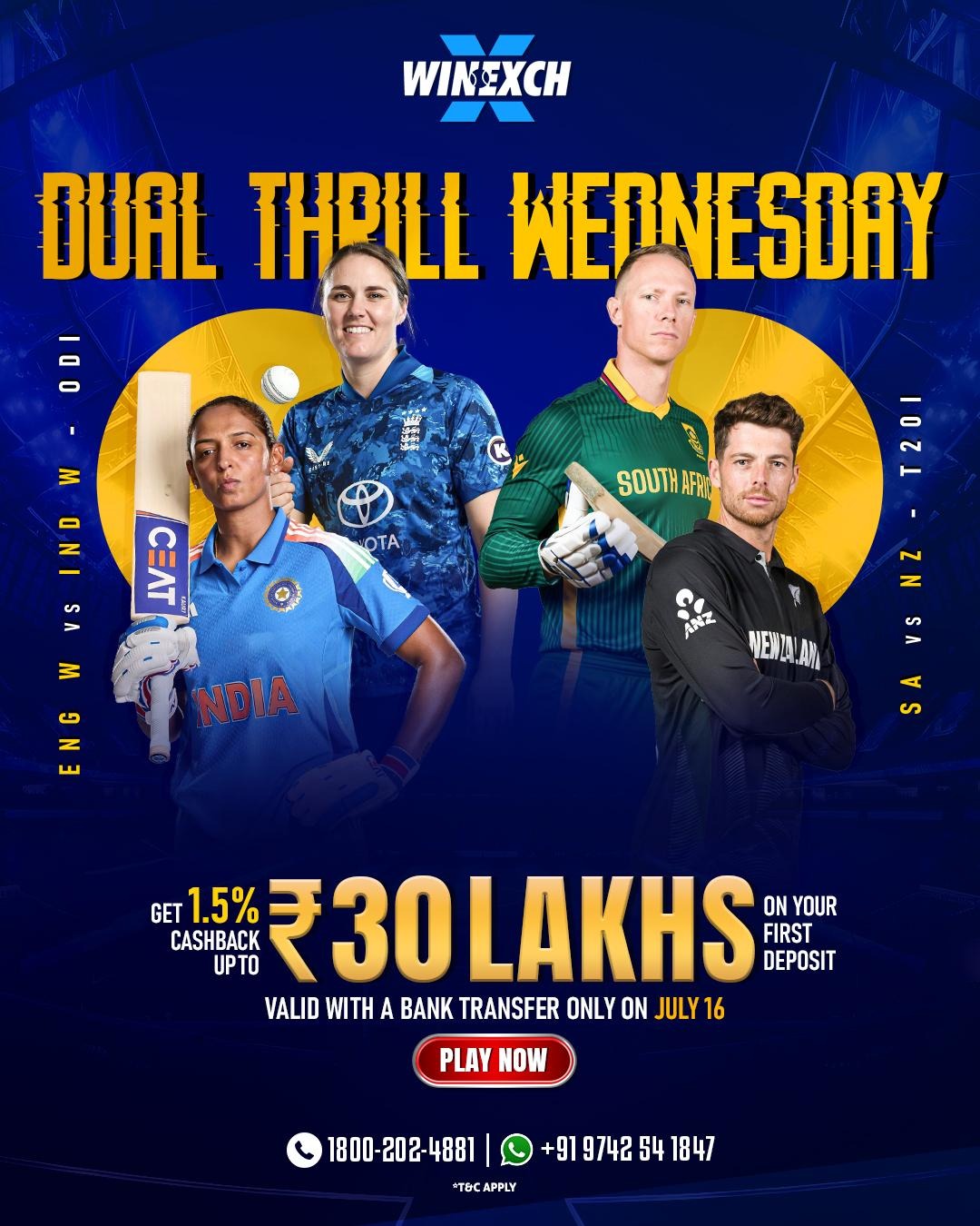 Dual Thril Wednesday ENG W vs IND W - SA vs NZ in winexch